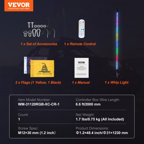 VEVOR 1 Stück 4 Fuß Peitschenlicht, APP- und RF-Fernbedienung, LED-Peitschenlicht, Wasserdichte 360°-Spiral-RGB-Peitschen mit Beleuchtung &amp; 2 Flaggen, für UTVs, ATVs, Motorräder, RZR, Can-Am