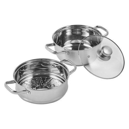VEVOR 24cm Dampfgarer Topf Edelstahl mit Glasdeckel, 1 Etagen (1x Dampfkochtopf und 1x Suppentopf)Dampfkocher Dampftopf Induktion Gardampftopf Dampfkochtopf Kochtopf für Gemüse, Fisch, Suppe, Knödel