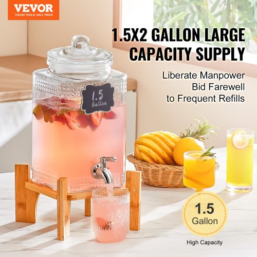 VEVOR Getränkespender, 1,5 Gallonen Getränkespender für Partys, Saftspender aus Glas mit Ständer, Zapfhahn aus Edelstahl, Eistee-Limonadensaft-Wasserspender, für Restaurants, Hotels, Partys