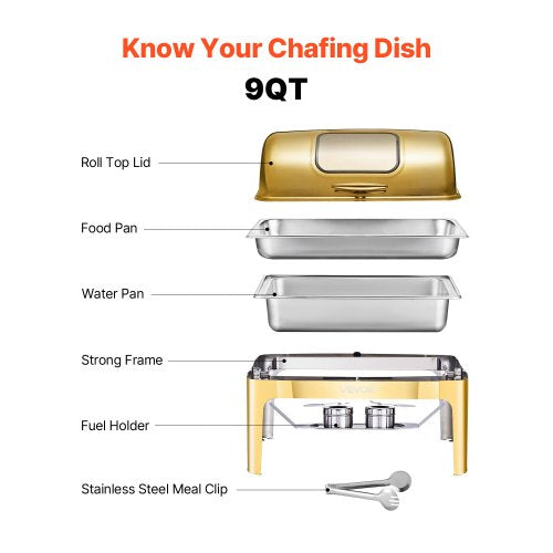 VEVOR Chafing Dish Set Speisenwärmer Edelstahl 8,5 L 1 Stk. Rolltop Gold Buffet