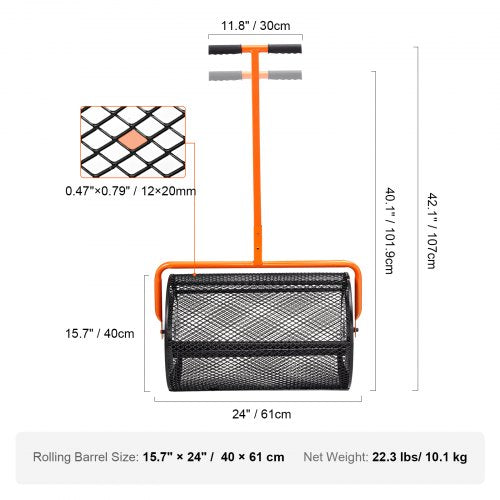 VEVOR Kompoststreuer aus Stahl Torfmoosstreuer 1,27x2cm Mesh-Korb Garten Rasen Streuer Grifflänge von 62 bis 67,5cm verstellbar 61cm Metall Mesh Korb Ideal für Dünger wie Kompost Mist Erde Torfmoos
