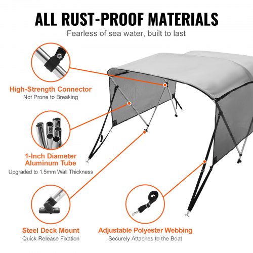 VEVOR 3-Bogen-Bimini-Top-Bootsabdeckung, 200–213 cm Einbaubreite 600D-Polyester-Überdachung, Bootsverdeck mit Abnehmbare Mesh-Seitenwände, Wasserdicht &amp; Sonnenschutz, inkl. Aufbewahrungsbox Hellgrau