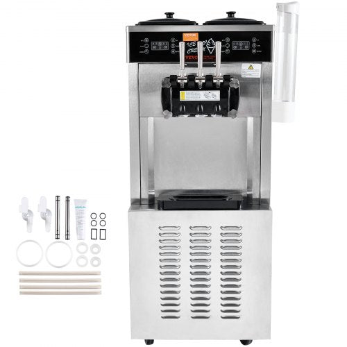 VEVOR Kommerzielle Eismaschine, 34–44 L/h Leistung, 1850 W, Freistehende Softeismaschine mit 3 Geschmacksrichtungen, 2 x 9 L Edelstahlbehälter, LED-Panel Einzelzylindernutzung &amp; Kühlung über Nacht