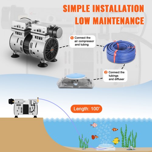VEVOR Teichbelüfter 550W, 5,2CFM für bis zu 1 Acre 15m See Teichbelüftungsset beinhaltet 3/4PS-Kompressor &amp; beschwerte Schläuche &amp; Diffusor Luftkompressor für Sauerstoffzirkulation in tiefem Wasser