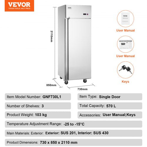 VEVOR Gewerbe-Gefrierschrank 570 L, Gefrierschrank mit Einzeltür, Edelstahl-Gefrierschrank mit automatischer Abtauung, 3 verstellbaren Ablagen, Temperaturregelung von -25 bis -15 ℃ und 4 Rädern