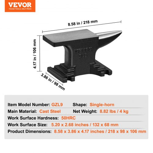 VEVOR Amboss Einzelner Hornamboss 4kg Stahlgussamboss Geschmiedeter Amboss Robuster Hornamboss Schmied Juweliere Metallschmied Schmiedewerkzeug Geeignet für Nieten, Abflachen, Schmieden und Formen