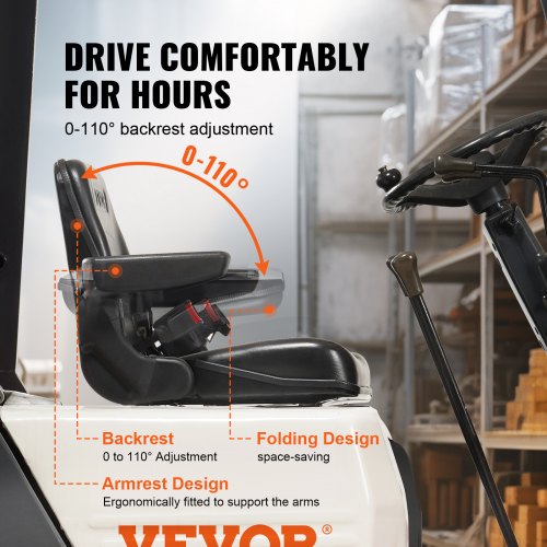 VEVOR Universal Traktorsitz aus PVC-Kunstleder und Polyurethanschaum Traktor Schleppersitz mit verstellbarer Rückenlehne und Mikro-Sicherheitsschalter Fahrersitz mit Armlehnen und Sicherheitsgurt