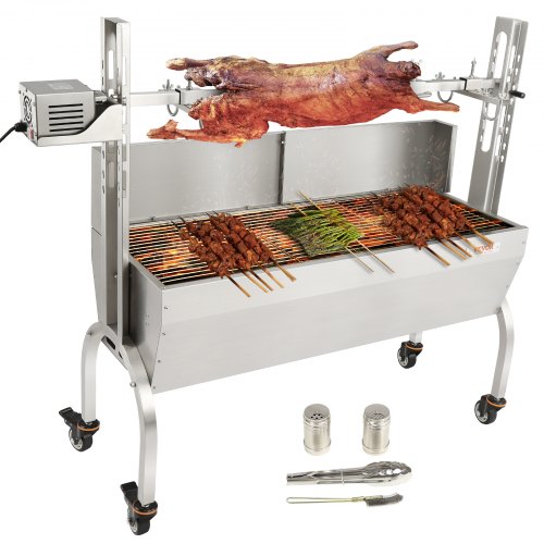 VEVOR Spanferkelgrill Lammgrill 117 cm, 60 kg Edelstahl Drehspieß 4-stufig Höhenverstellbar, 50 W 2 in 1 BBQ-Rotisserie-Grill inkl. Gewürzdose &amp; Reinigungsbürste &amp; Griff Elektrogrill mit Umlenkblech