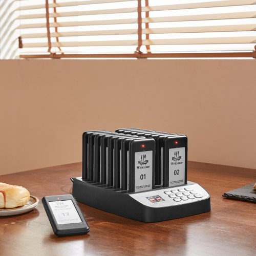 VEVOR Restaurant-Pager-System, Kabelloses Warteschlangensignal mit 500 m Reichweite, Piepser zur Rufannahme von Gästen mit Vibration und Blinken, 16 Pager für Imbisswagen, Kirche
