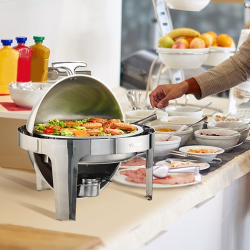 VEVOR 2-teiliger Speisenwärmer Wärmebehälter Chafing-Dish-Set Rolldeckel 5,5 L x 2, Rund Edelstahl Wärmebehälter Buffet Set inkl. Kraftstoffhalter &amp; Esszange, für Restaurants, Buffets, Schulen usw.