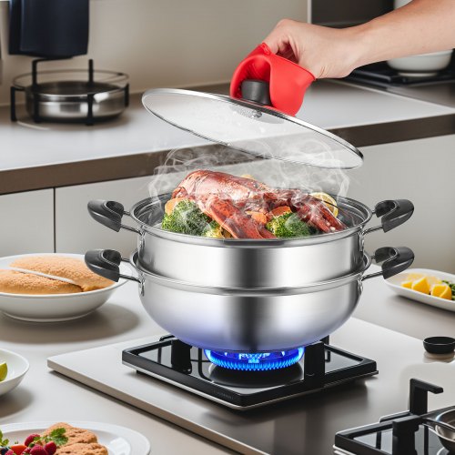 VEVOR 28cm Dampfgarer Topf Edelstahl mit Glasdeckel, 1 Etagen (1x Dampfkochtopf und 1x Suppentopf)Dampfkocher Dampftopf Induktion Gardampftopf Dampfkochtopf Kochtopf für Gemüse, Fisch, Suppe, Knödel