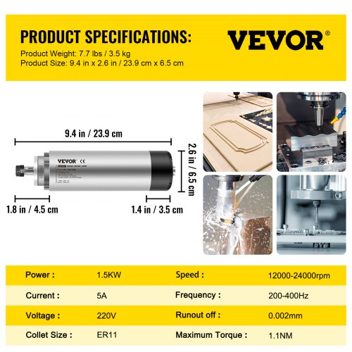 VEVOR 1,5 Kw Spindelmotor CNC Spindelmotor Luftgekühlte Luftkühlung Spindelmotor 220-250 V Luftgekühlter Motor für CNC Spannzangenfutter 8000-24000 U/min Luftgekühlter Spindelmotor Windgekühlt