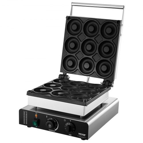VEVOR Elektrischer Donutmaker, 2 kW Kommerzielle Donutmaschine mit Antihaftbeschichtung, 9 Löcher, Doppelseitige Heizwaffelmaschine für 9 Donuts, 50–300 °C, für Restaurants und den Heimgebrauch