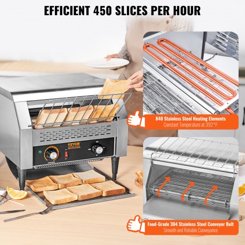 VEVOR Durchlauf-Toaster 1770 W Förderbandtoaster, Kettentoaster, Drei multifunktionale Betriebsarten 450 Scheiben pro Stunde, Kommerzieller Toaster Förderband Edelstal Restaurants, Bäckereien Silber