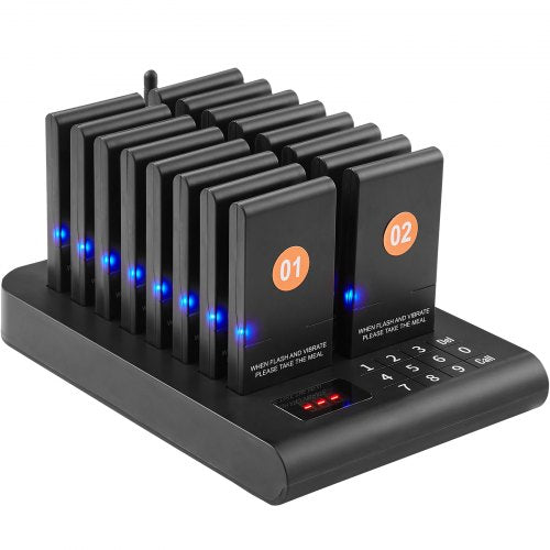 VEVOR Restaurant-Pager-System, kabelloses Warteschlangensignal mit 500 m Reichweite, Piepser zur Rufannahme von Gästen mit Vibration und Blinken, 16 Pager für Imbisswagen, Kirche