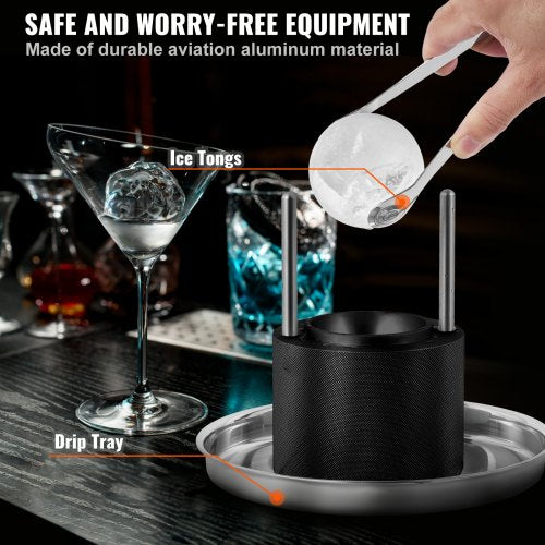 VEVOR Eiswürfelbereiter Eiswürfelformen Satz 60 mm, Eiswürfelform Eiskugelform mit Eiszange &amp; Tropfschale, Alu Schwarze Strapazierfähige Eiswürfelformen Eiswürfelbehälter Whisky Americano, Saft