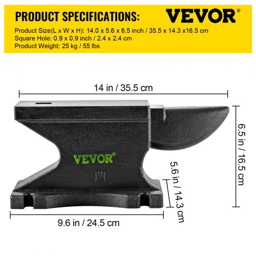 VEVOR Schmiedeamboss Gusseisen Amboss robuster Hornamboss Schmiedewerkzeug 209HB mit Einzelhorn &amp; quadratisches Loch 55 lbs/25 kg Schwarz 21,8x10,4 cm breite Arbeitsplatte für Metallschmiede