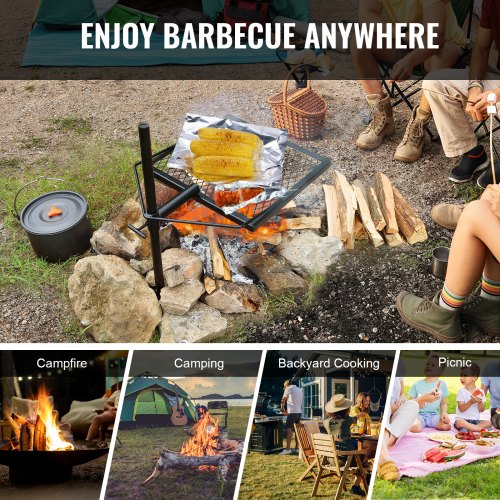 VEVOR Drehspieß Schwenkgrill Stahl 405 x 405 mm, Holzkohlegrill Tragbarer Grillrost Grillgestell 6 kg Belastbarkeit 300 ℃ Freistehend Spießbratengrill BBQ Grill Grillwagen Barbecue Camping
