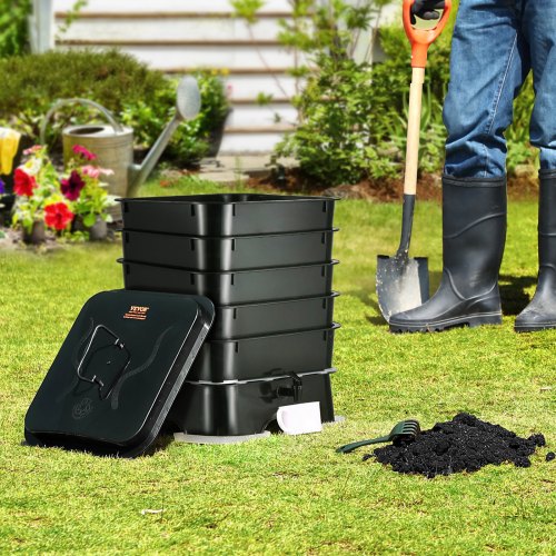VEVOR Schnellkomposter 18-50L Gartenkomposter 400x400x650mm Thermokomposter HDPE-Kunststoff Kompostierer Inkl. 5 Schalen &amp; ein Auffangbehälter Kompostbehälter Kompostierung Reduzierung des Hausmülls