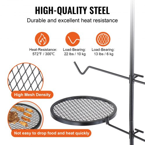 VEVOR Drehspieß Schwenkgrill Stahl 360 x 360 mm, Holzkohlegrill Doppelte Schichten Grillrost Grillgestell 6 kg Belastbarkeit 300 ℃ Freistehend Spießbratengrill BBQ Grill Grillwagen Barbecue Outdoor