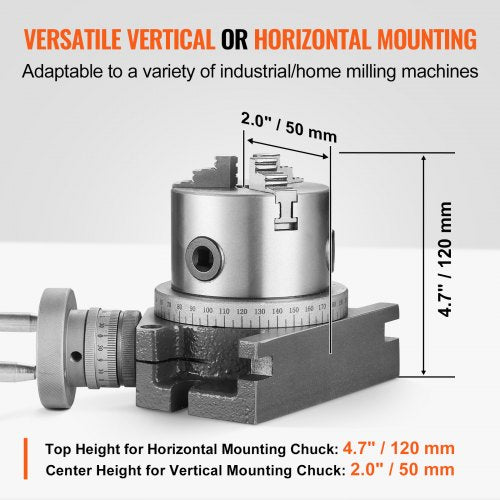 VEVOR Drehtisch für Fräsmaschinen, 4''/100 mm, horizontales vertikales Modell, Präzisionsfräsdrehtisch, mit 3,1''/80 mm 3-Backenfutter, M10-T-Bolzenmuttern, für Frästechnik-Indizierungswerkzeuge