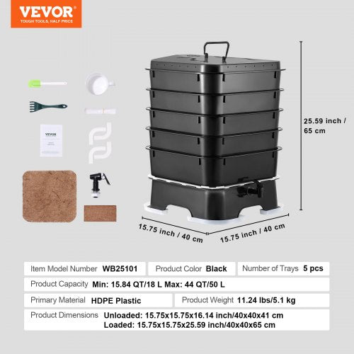 VEVOR Schnellkomposter 18-50L Gartenkomposter 400x400x650mm Thermokomposter HDPE-Kunststoff Kompostierer Inkl. 5 Schalen &amp; ein Auffangbehälter Kompostbehälter Kompostierung Reduzierung des Hausmülls
