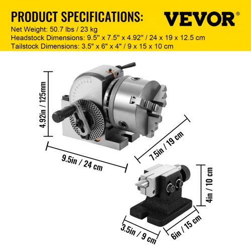 VEVOR Teilapparat mit backenfutter MT2, Rotary Tisch mit Indizierung Höhe der Mitte 100 mm, Dividing Head 23 kg, Rotary Tisch mit Tellern, Eine Starke Unterstützung zu Bearbeitenden Werkstück