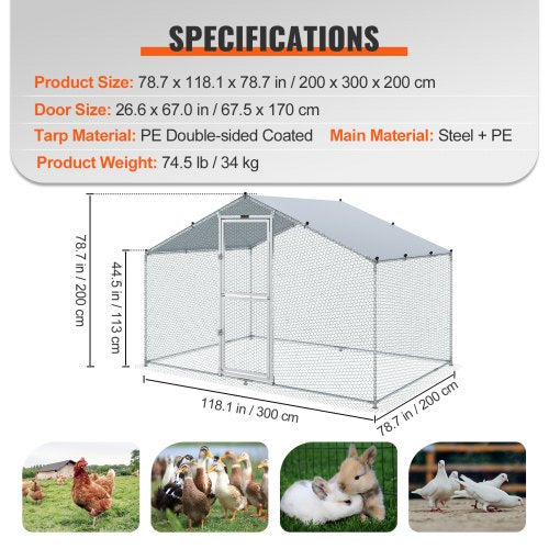 VEVOR Hühnerstall, 2 x 3 x 2 m Hühnerhaus Freilaufgehege mit Sonnenschutzdach PE-Plane, Stahl Kleintierstall Hühnerhaus Dach Geflügelstall Hühnerkäfig für Hühner, Enten, Gänse, Kaninchenn usw.