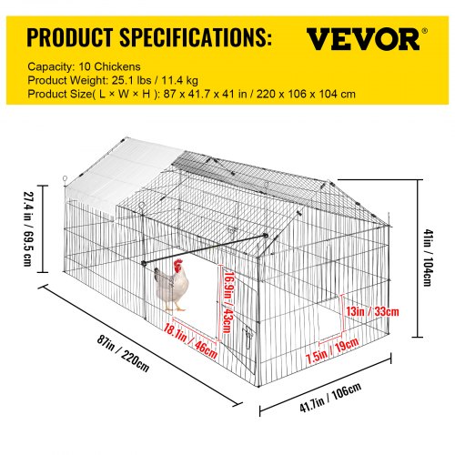 VEVOR Hühnerstall 220 x 106 x 104 cm Freilaufgehege aus pulverbeschichtetem Eisen Freigehege mit 4 Türen Voliere Kleintierstall Tiergehe Geeignet für