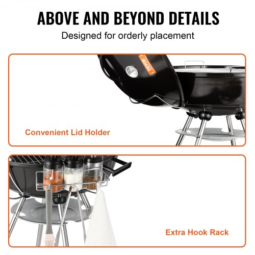 VEVOR Wasserkocher Holzkohlegrill Kugelgrill 56 cm tragbar Grill Kugelgrill mit Deckel Leckeres BBQ Picknickgrill mit großer Grillfläche Holzkohle