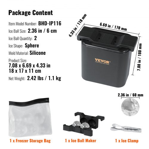 VEVOR 2-teiliger Eiswürfelbereiter Eiswürfelformen 6 cm Eiskugel Eiswürfelform Eiskugelforner mit Aufbewahrungstasche, Strapazierfähige Eiswürfelformen Eiswürfelbehälter Schwarz Whisky, Americano