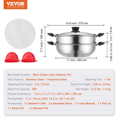 VEVOR 28cm Dampfgarer Topf Edelstahl mit Glasdeckel, 1 Etagen (1x Dampfkochtopf und 1x Suppentopf)Dampfkocher Dampftopf Induktion Gardampftopf Dampfkochtopf Kochtopf für Gemüse, Fisch, Suppe, Knödel