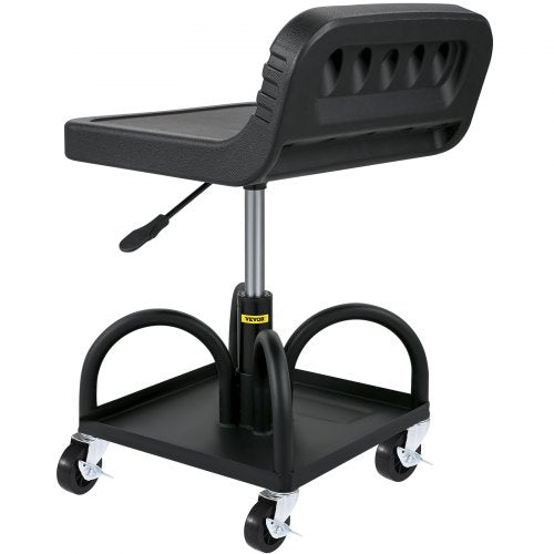 VEVOR Rollbarer Garagenhocker, 135 kg Tragkraft, Höhenverstellbar von 40 bis 52 cm, Mechanikersitz mit 360-Grad-Schwenkrädern und Werkzeugablage, für Werkstatt, Autowerkstatt, Schwarz