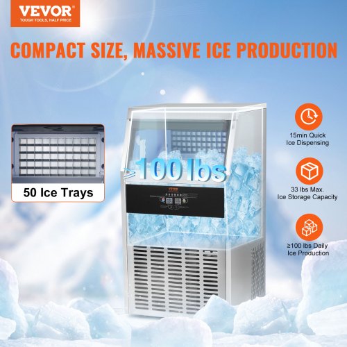 VEVOR Kommerzieller Eiswürfelbereiter Eismaschine 47 kg / 24 h, Leichte Würfeleismaschine 15 kg Eisspeicherkapazität 50 Stk. Eiswürfel, Edelstahl Eiswürfelbereiter inkl. Wasserfilter &amp; Eisschaufel