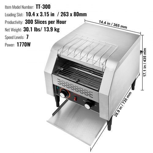 VEVOR Durchlauf-Toaster 1770 W Förderbandtoaster, Kettentoaster, Drei Einstellbare Modi 150 / 300 / 450 Scheiben pro Stunde, Kommerzieller Toaster Förderband Edelstal Restaurants, Bäckereien