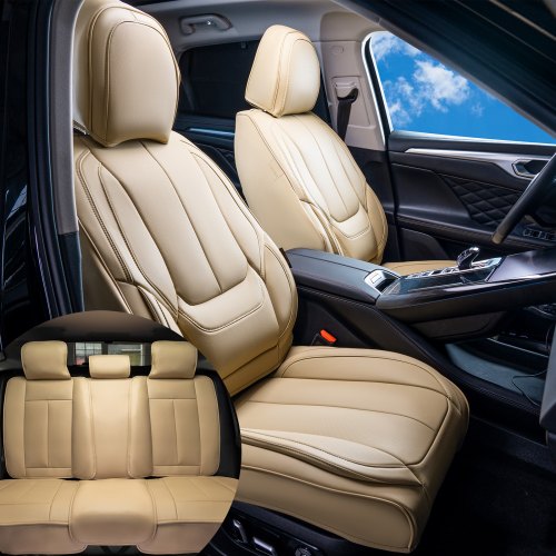 VEVOR universelle Autositzbezüge, Vorder- und Rücksitz, 13-teiliger Kunstleder-Sitzbezug, vollständig geschlossenes Design, abnehmbare Kopfstütze &amp; Airbag-kompatibel, für die meisten Lastwagen Beige