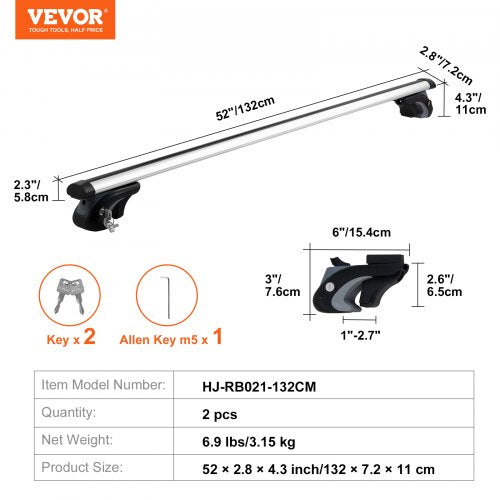 VEVOR Dachträger Universal Dachgepäckträger Auto Alu Querträger 90 kg Tragkraft, für erhöhte Seitenschiene mit Lücke, passend Innenabstand des Dachbalkens 19-113cm, Rohrdurchmesser 28-68 mm