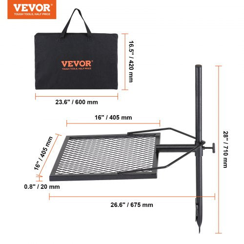 VEVOR Drehspieß Schwenkgrill Stahl 405 x 405 mm, Holzkohlegrill Tragbarer Grillrost Grillgestell 6 kg Belastbarkeit 300 ℃ Freistehend Spießbratengrill BBQ Grill Grillwagen Barbecue Camping