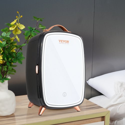 VEVOR Tragbarer Gespiegelter 6 L Schönheitskühlschrank mit LED-Beleuchtung, Schwarz 9 V DC Minikühlschrank Make-up, 8 Dosen 3 LED Spiegel Licht Modus, Klein Skincare Fridge für Büro, Schlafzimmer usw.