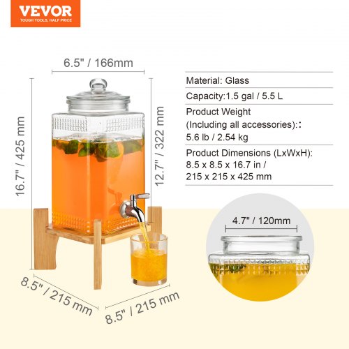 VEVOR Getränkespender, 1,5 Gallonen Getränkespender für Partys, Saftspender aus Glas mit Ständer, Zapfhahn aus Edelstahl, Eistee-Limonadensaft-Wasserspender, für Restaurants, Hotels, Partys
