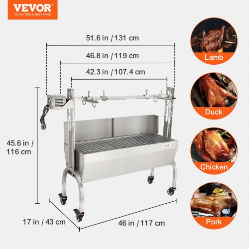 VEVOR Spanferkelgrill Lammgrill 117 cm, 60 kg Edelstahl Drehspieß 4-stufig Höhenverstellbar, 50 W 2 in 1 BBQ-Rotisserie-Grill inkl. Gewürzdose &amp; Reinigungsbürste &amp; Griff Elektrogrill mit Umlenkblech