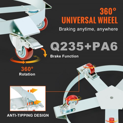 VEVOR Fassroller 250L Transportroller Kohlenstoffstahl Rollbrett Innendurchmesser Ø607mm Fasswagen mit 5 Universalrädern (2 mit Bremsen) Transportwagen zum Transport von Fass bis zu 567kg