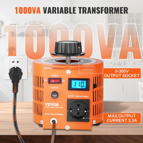 VEVOR 1000VA Spannungswandler mit variabler Spannung 3,3 Ampere, 230 V Eingang 0-300 V Ausgang Wechselspannungsregler, 4 zusätzlichen Sicherungen Thermokontrollschalter für Zuhause, Industrie, Büro