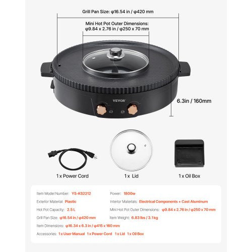 VEVOR Hot Pot mit Grill 1800W 2 in 1 Elektrischer Rauchfreier Grill BBQ Grill