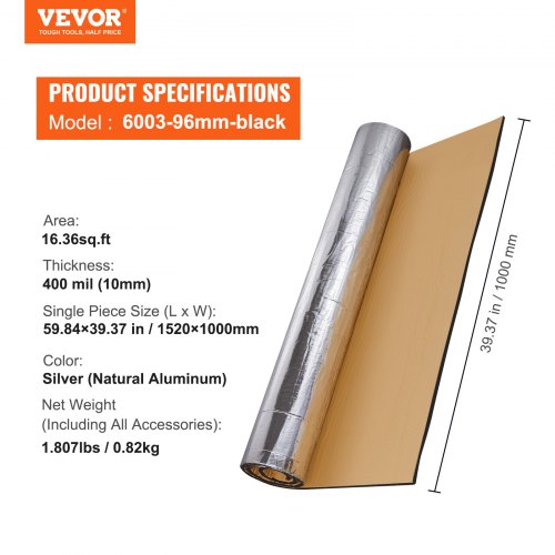 VEVOR Dämmmatte Auto 1,5m² Antidröhnmatte 1520x1000mm Fahrzeugdämmung 400mil (10mm) Stärke Aluminium-Folie Schallschutzmatte Hitzebeständig Lärmschutz Akustikdämmung Geräuschdämmung 1xRolle