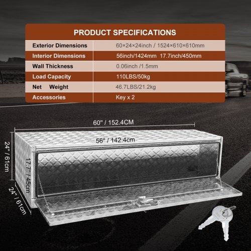 VEVOR Unterboden-Aluminium-Werkzeugkasten für LKW, 152,4 x 61 x 61 cm, Werkzeugaufbewahrung für Anhänger und Wohnmobile