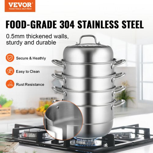 VEVOR Dampfkocher Durchmesser Jeder Stufe 30 cm, Stapelbar Edelstahl Dampfkochtopf 24 cm Boden, Kochtopf Dampfgarer Höhe 16 cm, Dampfgarer Topf Jede Stufe Höhe 8,5 cm, Dampfgarer-Topf-Set 5 Schicht