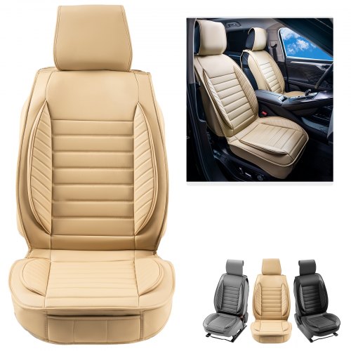 VEVOR Sitzbezüge, Universal Autositzbezüge Vordersitze, 2 Stk. Kunstleder Sitzbezug, Halbgeschlossenes Design, abnehmbare Kopfstütze und Airbag kompatibel, für die meisten Autos SUVs und Trucks Beige