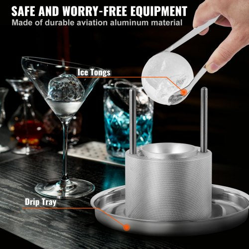 VEVOR Eiswürfelbereiter Eiswürfelformen Satz 60 mm, Eiswürfelform Eiskugelform mit Eiszange &amp; Tropfschale, Alu Strapazierfähige Eiswürfelformen Eiswürfelbehälter Whisky Americano, Saft &amp; Milch Silber