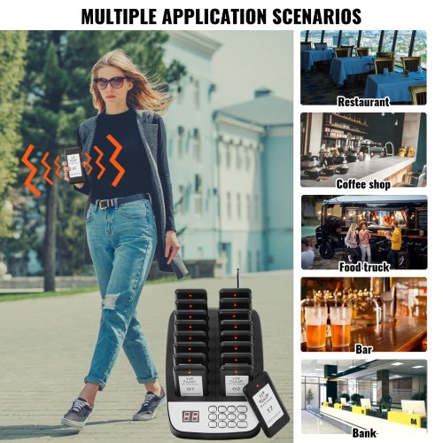 VEVOR Restaurant-Pager-System, Kabelloses Warteschlangensignal mit 500 m Reichweite, Piepser zur Rufannahme von Gästen mit Vibration und Blinken, 16 Pager für Imbisswagen, Kirche